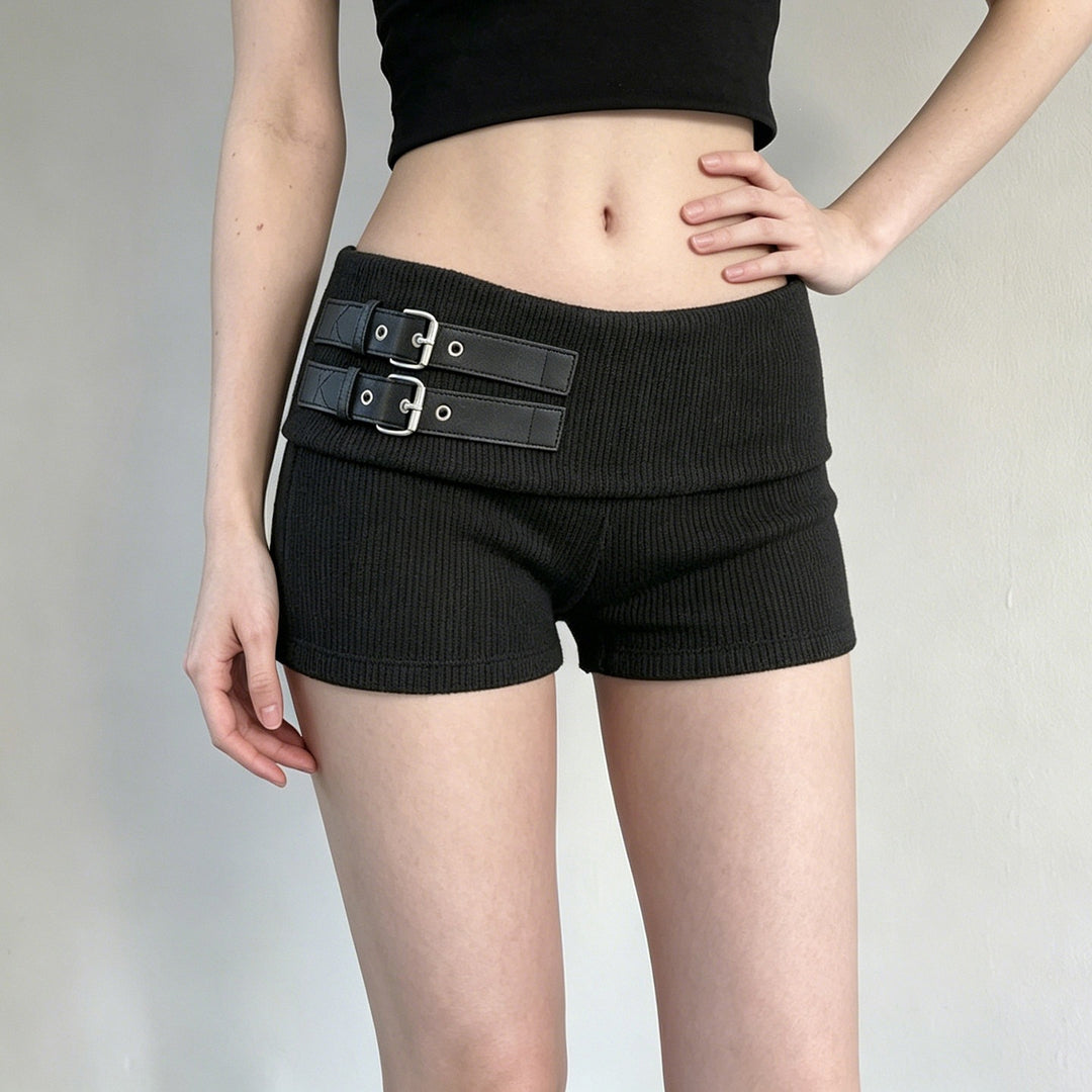 Damen Shorts mit breitem Bund und dekorativen Schnallen Drune
