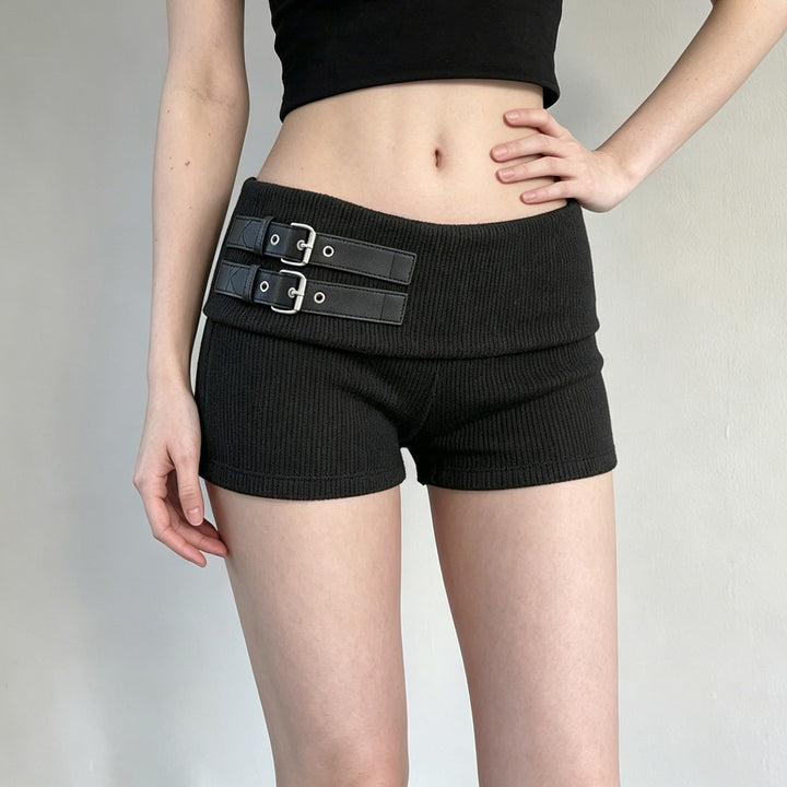Damen Shorts mit breitem Bund und dekorativen Schnallen Drune