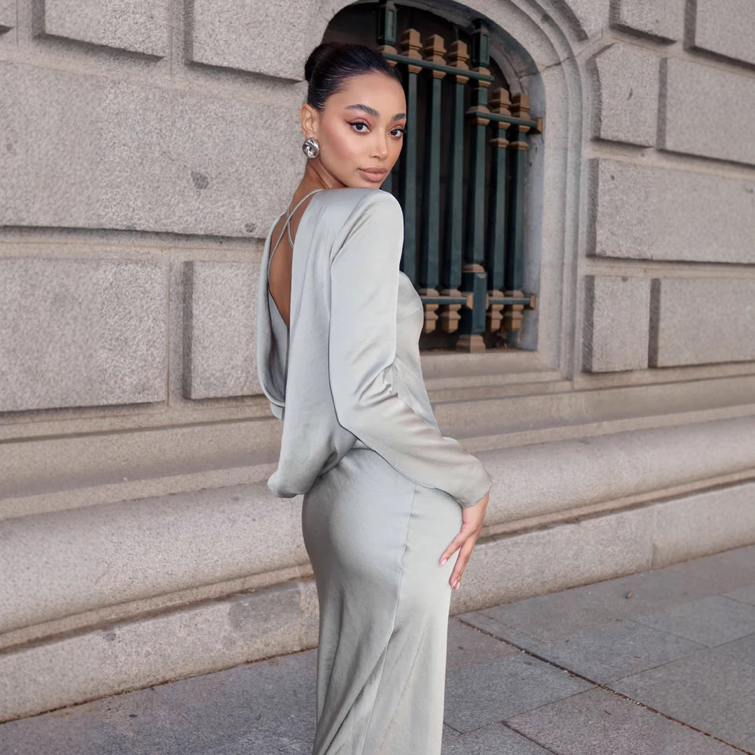 Damen Elegantes Langarmkleid mit glänzendem Satin-Obermaterial und figurbetonter Silhouette Drune