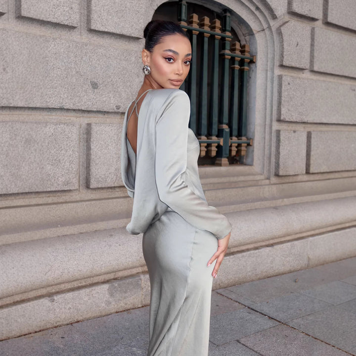 Damen Elegantes Langarmkleid mit glänzendem Satin-Obermaterial und figurbetonter Silhouette Drune
