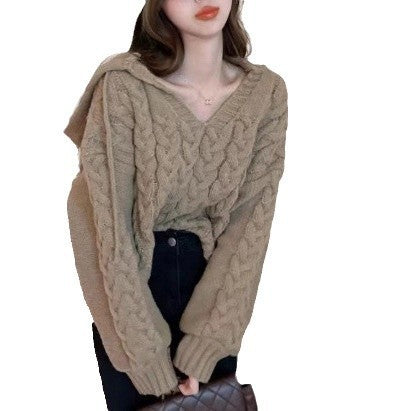 Damen Zopfmuster Pullover mit Kapuze und V-Ausschnitt Drune
