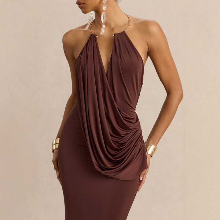 Damen Raffiniertes Maxikleid mit tiefem V-Ausschnitt und Drapierung Drune