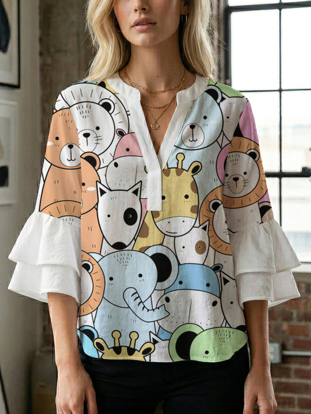 Damen lässige Bluse mit Volantärmeln und botanischem Druck Drune