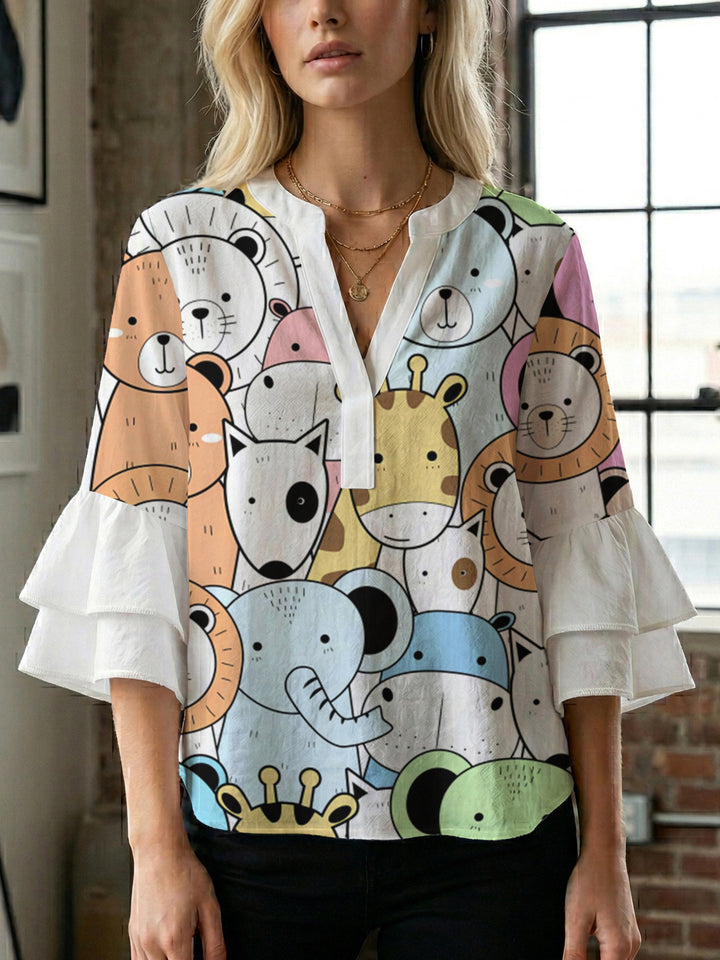 Damen lässige Bluse mit Volantärmeln und botanischem Druck Drune