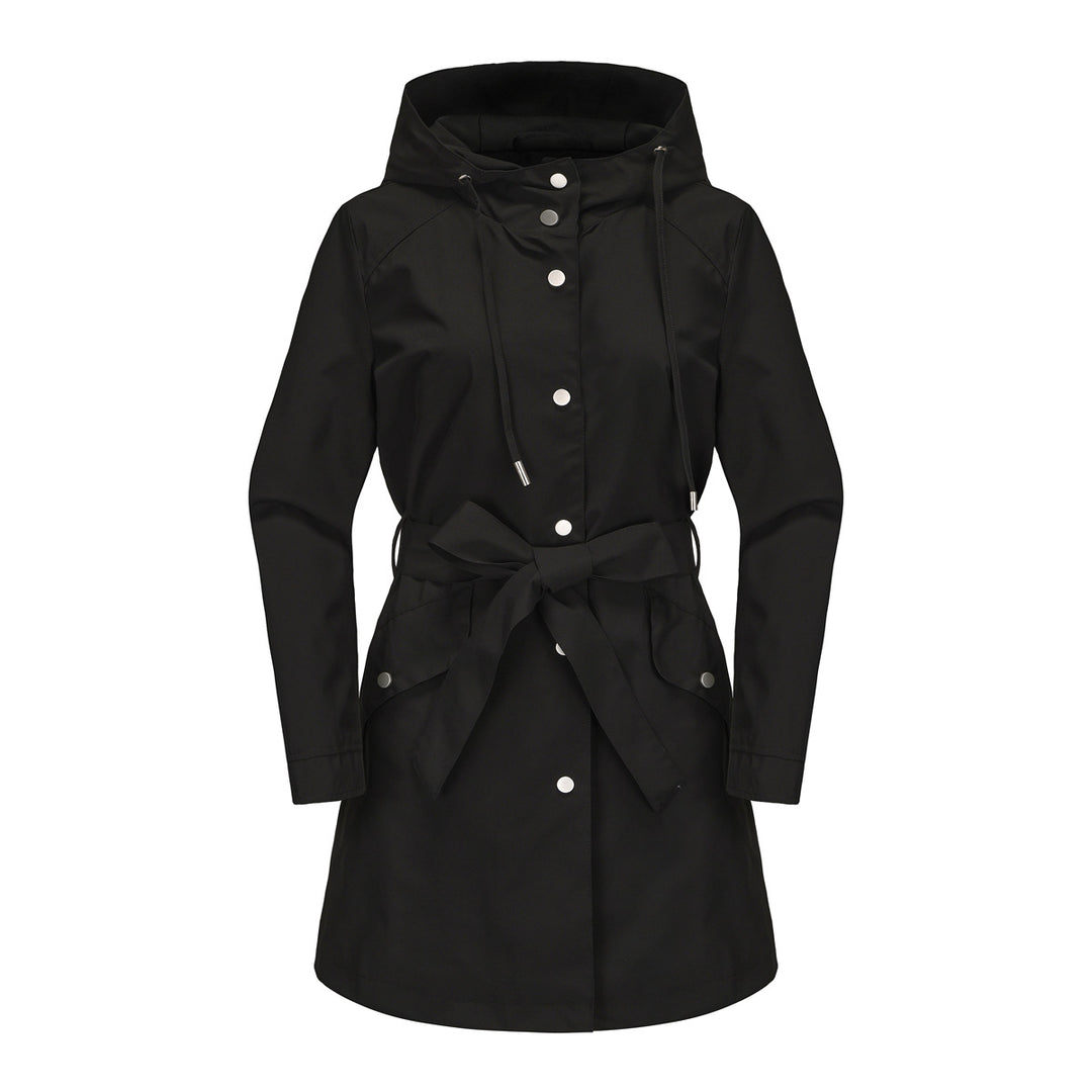 Damen wasserfeste Übergangsjacke mit verstellbarem Kapuzenkragen und Taillengürtel Drune