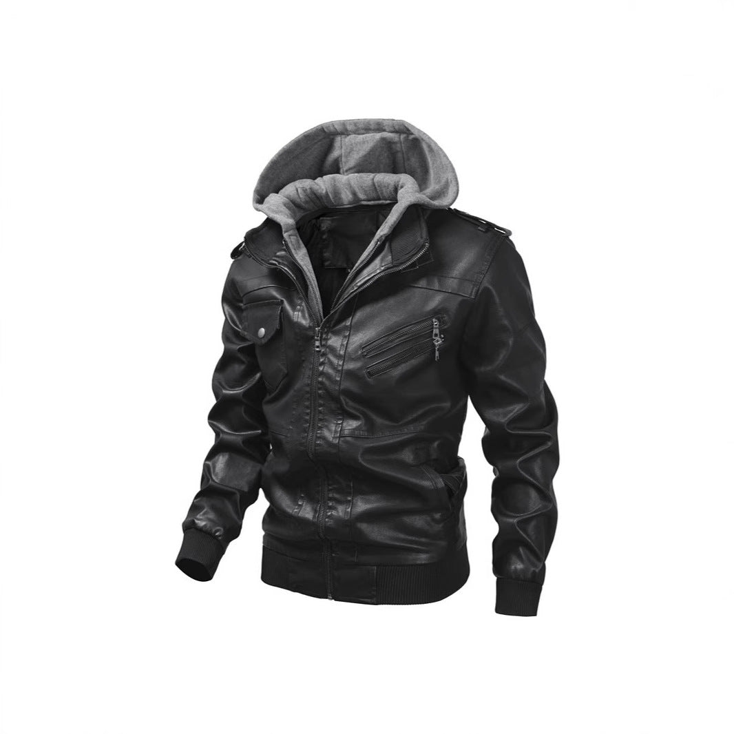 Herren Kunstlederjacke mit abnehmbarer Kapuze und Multifunktions-Taschen Drune