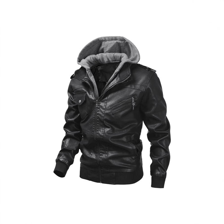 Herren Kunstlederjacke mit abnehmbarer Kapuze und Multifunktions-Taschen Drune