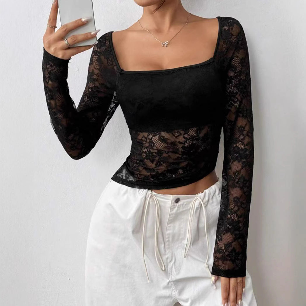 Damen Elegantes Langarm-Top aus Spitze Drune