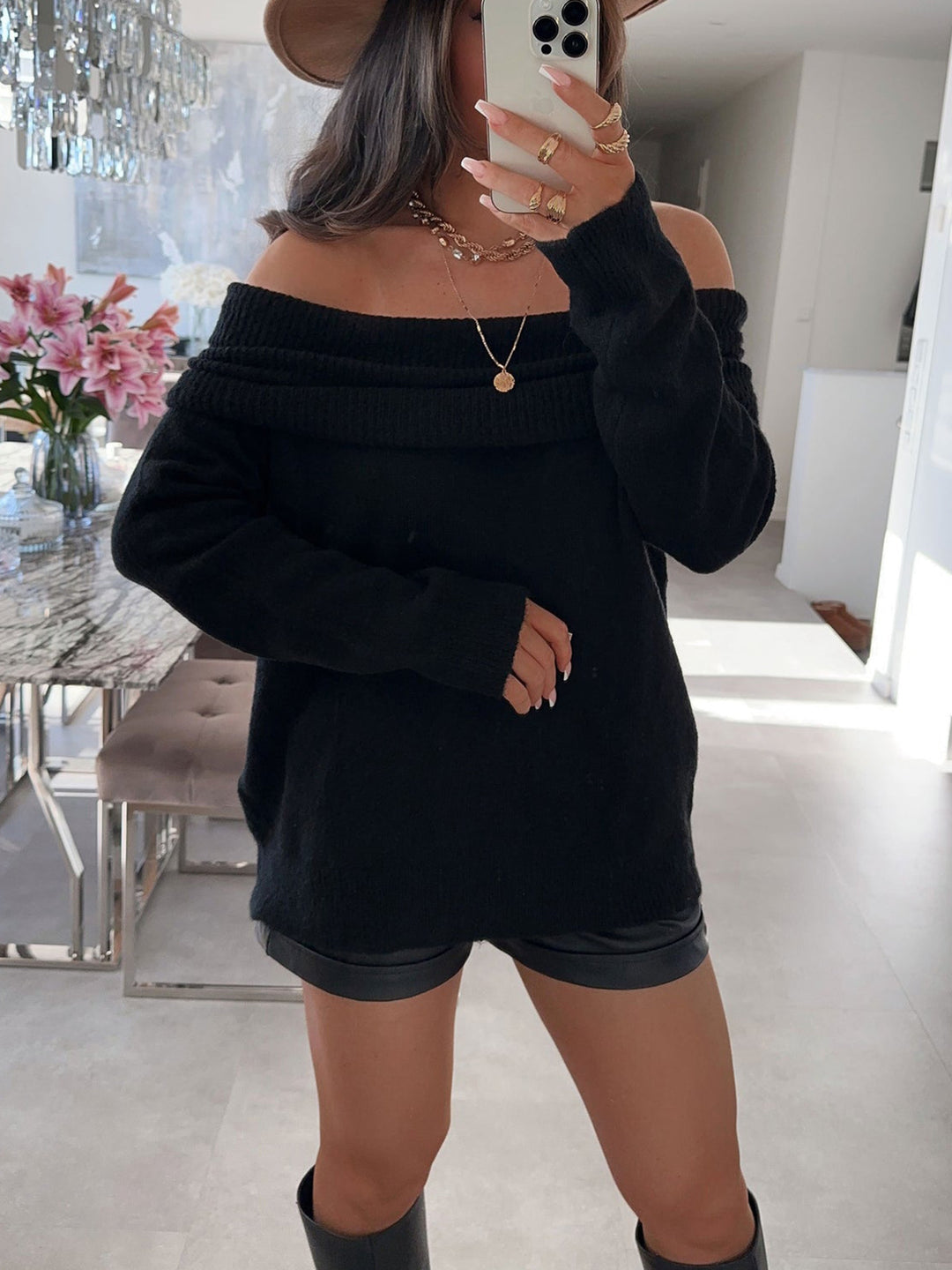 Damen lässiger Off-Shoulder Pullover mit Rippenstruktur Drune