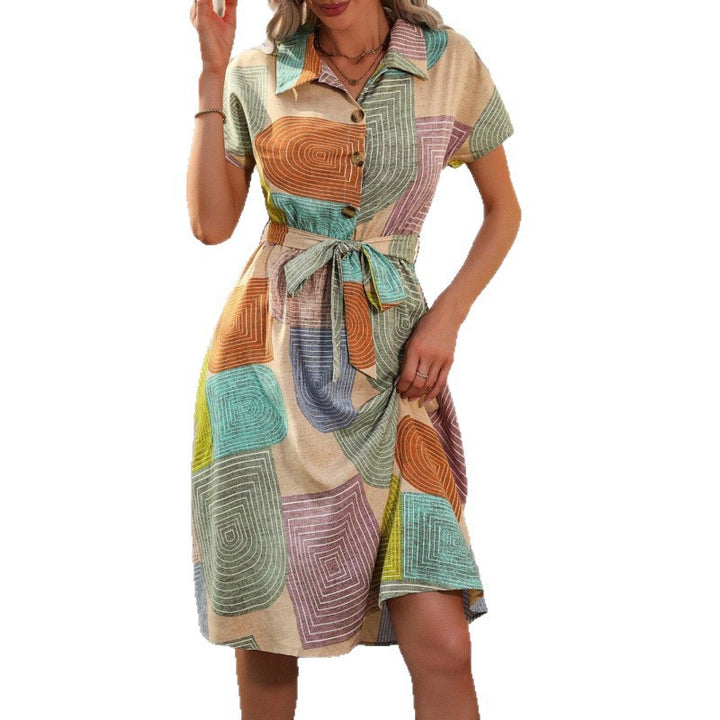 Damen Hemdkleid mit buntem geometrischem Muster und Taillengürtel Drune