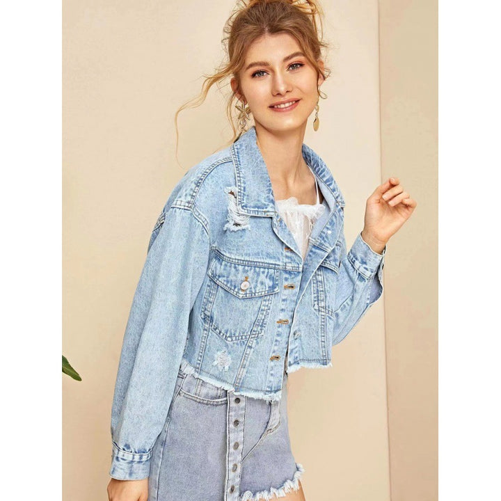 Damen cropped Jeansjacke im Vintage-Style mit lässigen Fransen und robusten Details Drune