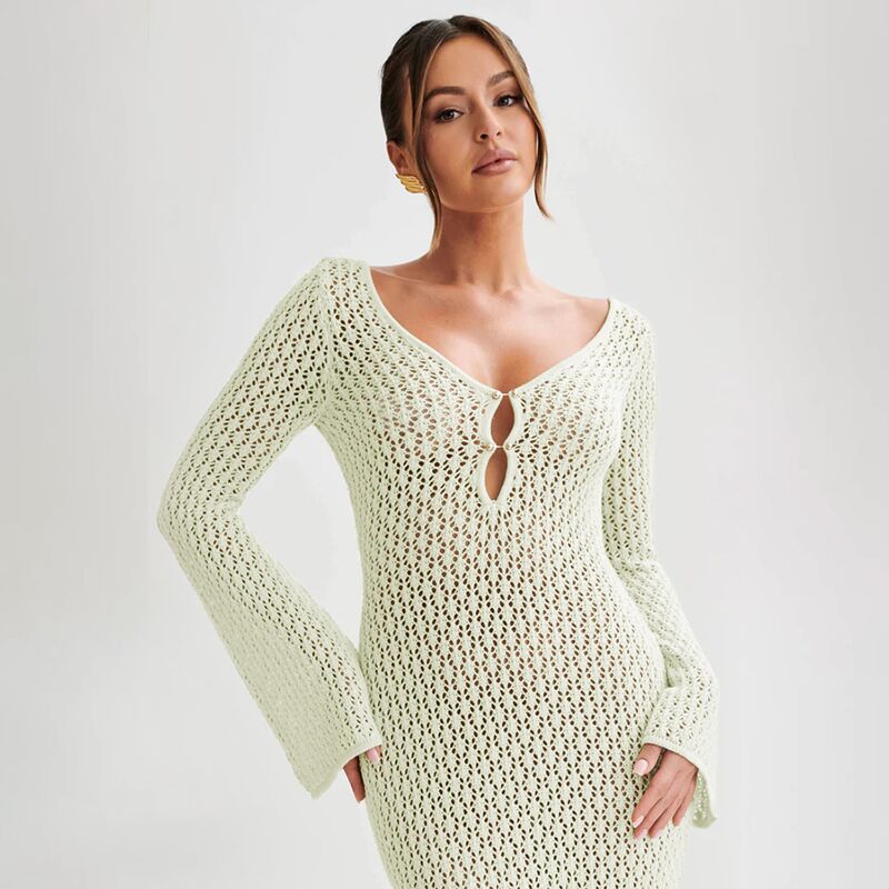 Damen elegantes Häkelkleid mit tiefem Ausschnitt Drune