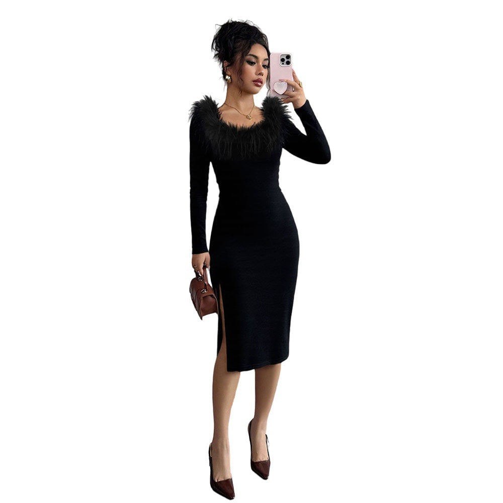 Damen Midi-Kleid mit eleganter Federverzierung und seitlichem Schlitz Drune