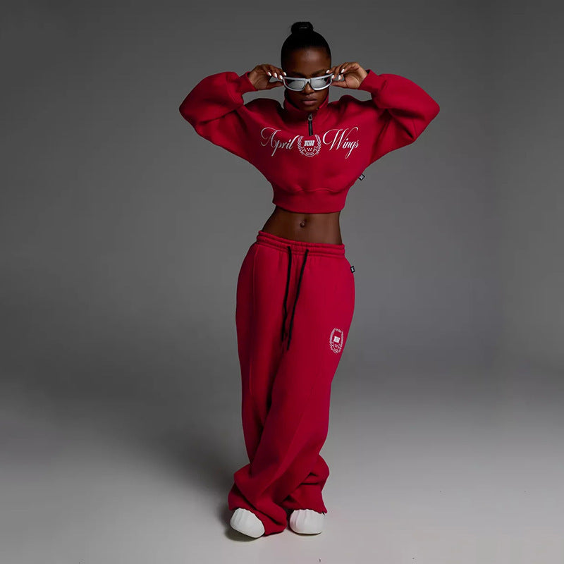 Damen lässiger Sweat-Pullover mit Reißverschluss und slouchy Jogginghose Drune