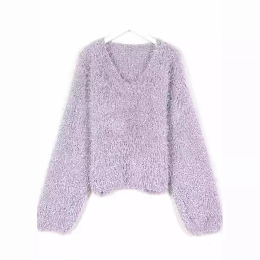 Damen kuscheliger V-Ausschnitt Pullover mit glitzerndem Faden Drune