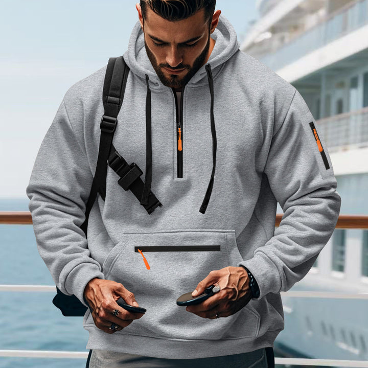 Herren nan technischer Halbzip-Outdoor-Hoodie mit verdeckter Kängurutasche, Reißverschluss-Ärmeltasche und integriertem Kabelkanal Drune
