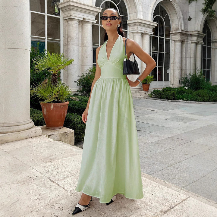 Damen Maxikleid mit tieferem V-Ausschnitt und fließendem Rock Drune