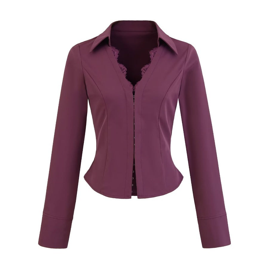 Damen figurbetonte Blazerjacke mit Spitzenbesatz Drune