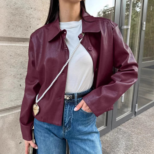 Damen Modische Kunstlederjacke mit klassischen Knopfdetails Drune