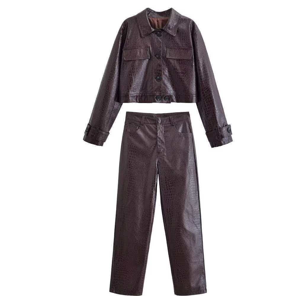 Damen nan gerade geschnittene Kunstlederhose mit Krokoprägung und hoher Taille Drune