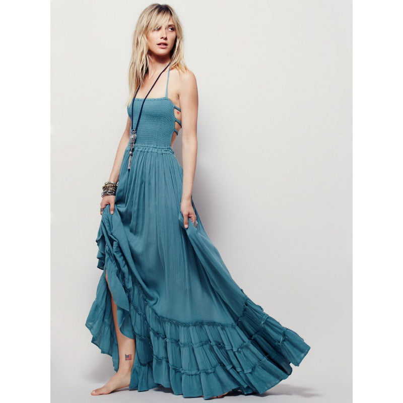 Damen luftiges Maxikleid mit hoch geschnittenem rüschengesäumtem Rock Drune
