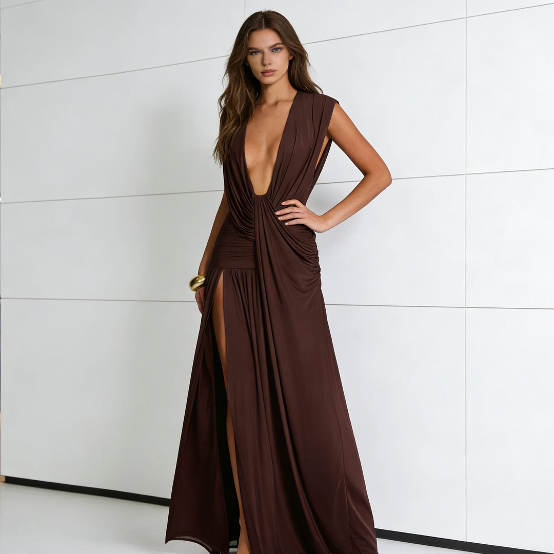 Damen Elegantes Wickelkleid mit tiefem V-Ausschnitt und seitlichem Schlitz Drune