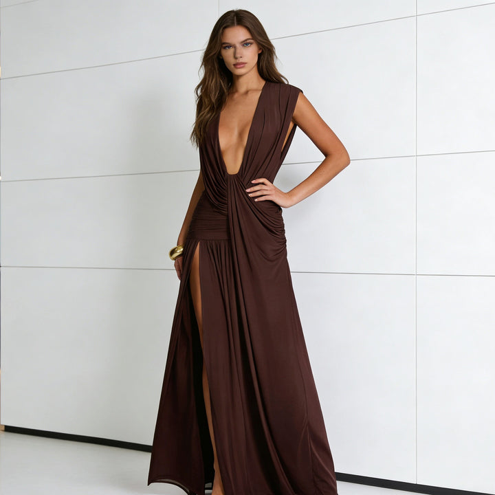 Damen Elegantes Wickelkleid mit tiefem V-Ausschnitt und seitlichem Schlitz Drune