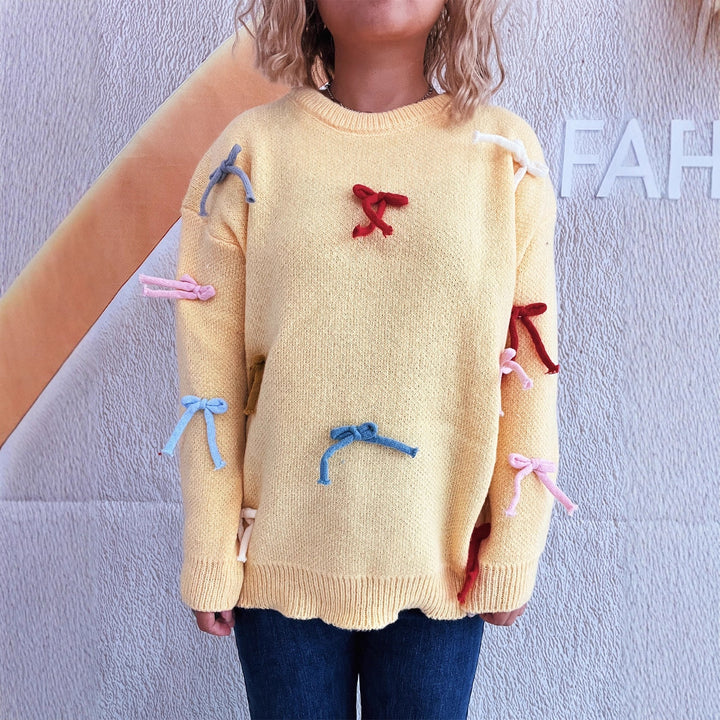 Damen kreativer Pullover mit bunten Schleifenakzenten Drune