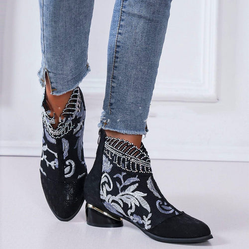 Damen Stiefeletten mit floralem Muster und glanzvollem Blockabsatz Drune