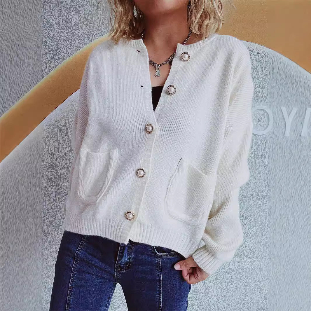 Damen gemütliche Strickjacke mit Perlenknöpfen und Taschen Drune