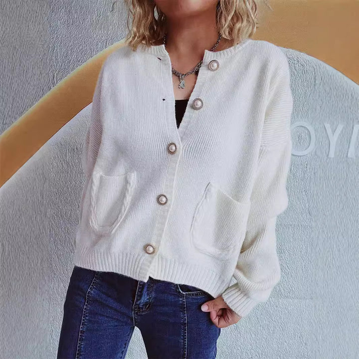 Damen gemütliche Strickjacke mit Perlenknöpfen und Taschen Drune