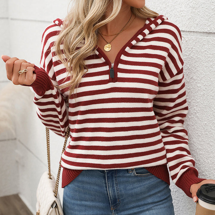 Damen gemütlicher Strickpullover mit modischem Reißverschluss und Streifenmuster Drune