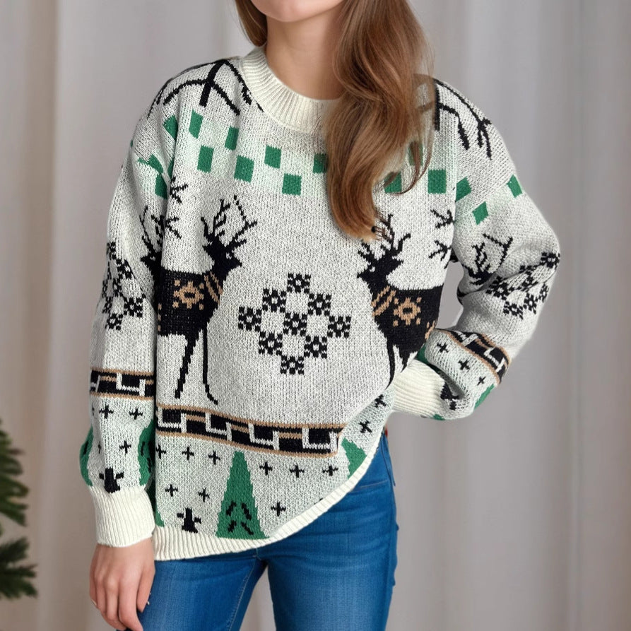 Damen gemusterter Weihnachtspullover mit festlichem Rentierdesign und Oversize-Schnitt Drune