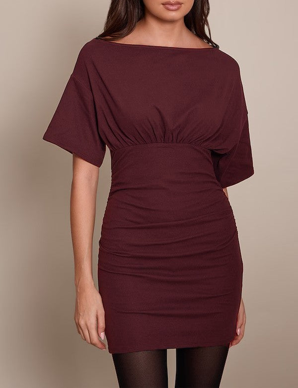 Damen figurbetontes Wickelkleid mit Raffungen und weiten Ärmeln Drune