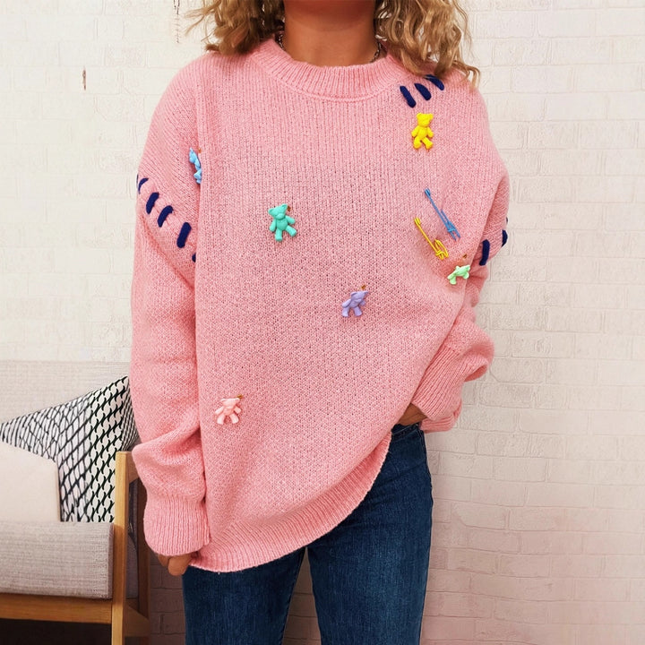 Damen Pullover mit verspieltem Bären-Motiv und dekorativen Applikationen Drune