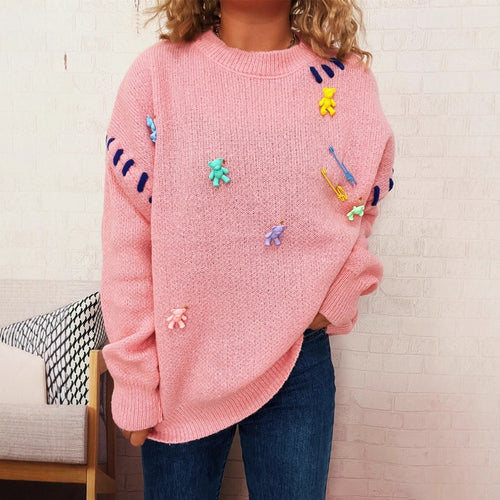 Damen Pullover mit verspieltem Bären-Motiv und dekorativen Applikationen Drune