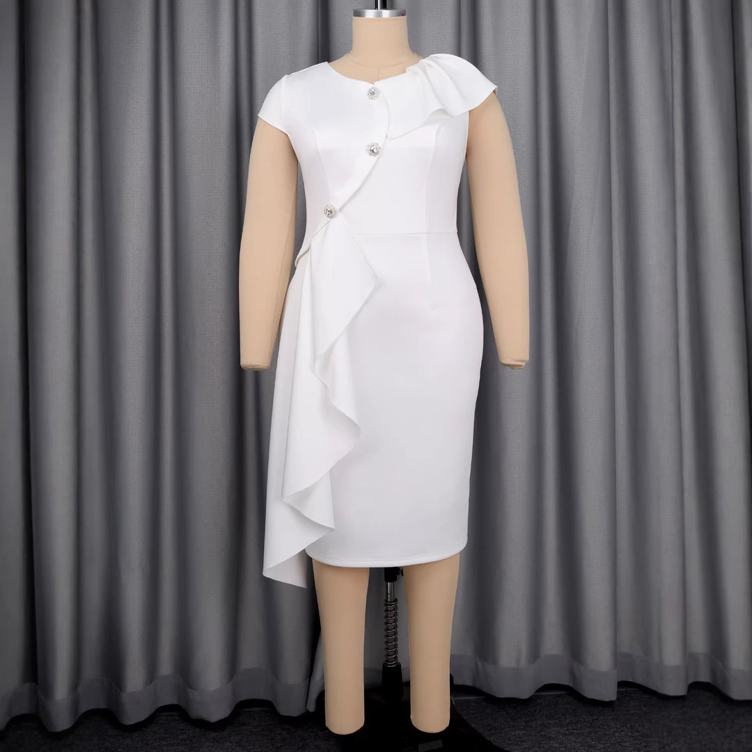 Damen elegantes Wickelkleid mit Rüschenkante und funkelnden Knopfdetails Drune