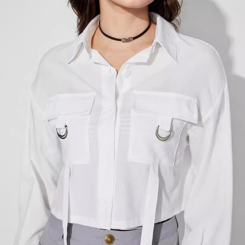 Damen cropped Hemdbluse mit praktischen Taschen und modernen Details Drune