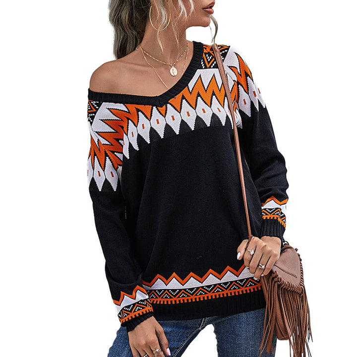 Damen lässiger Strickpullover mit asymmetrischem Ausschnitt und kunstvollen Mustern Drune