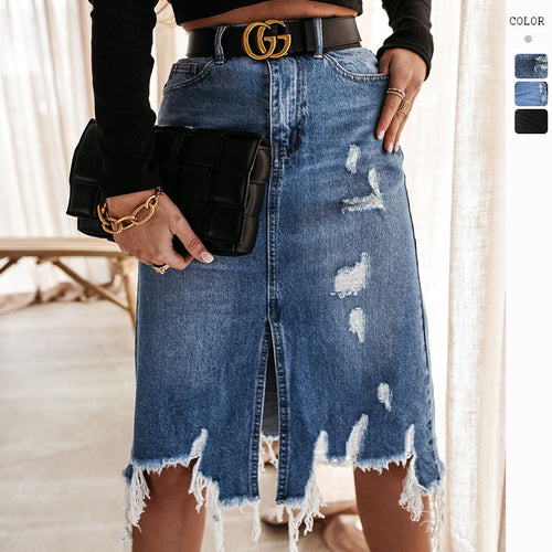 Damen Midirock im modernen Vintage-Design mit lässigem Used-Look und Fransenabschluss Drune
