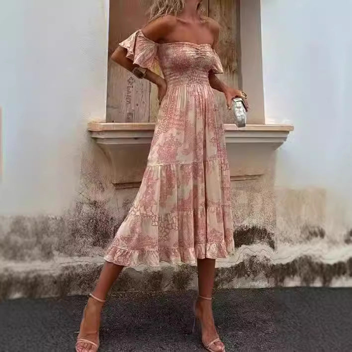 Damen Off-Shoulder Maxikleid mit Rüschendetails und elastischem Taillenband Drune