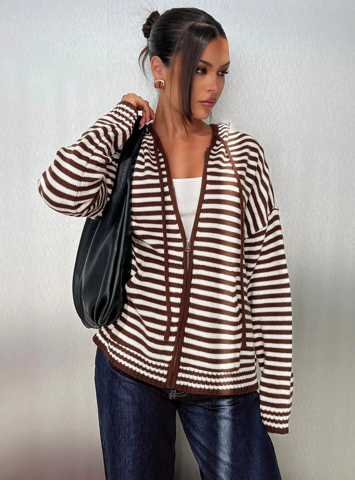 Damen lässige gestreifte Strickjacke mit durchgehendem Reißverschluss Drune