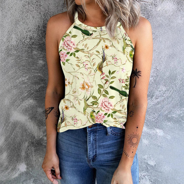 Damen ärmelloses Blumenshirt mit hohem Kragen Drune