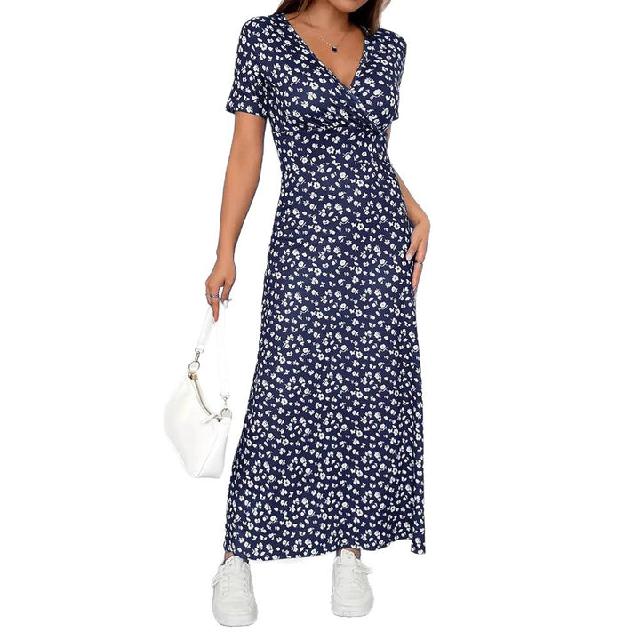 Damen nan tailliertes V-Ausschnitt Wickeloptik Maxikleid aus Viskosejersey mit kurzen Ärmeln und A-Linien-Saum Drune