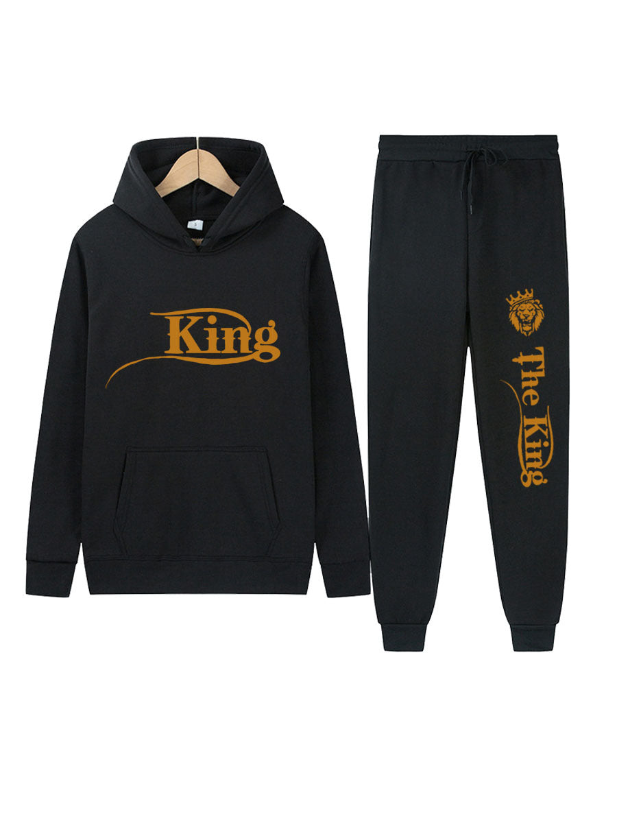 Herren Sportliches Kapuzenpulli und Jogginghose Set mit Königsmotiv Drune