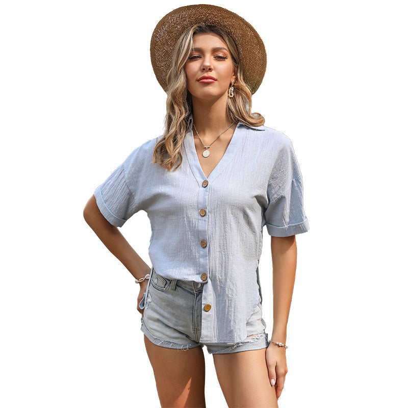 Damen lässige Knotenbluse mit kurzen Ärmeln und Druckknopfverschluss Drune