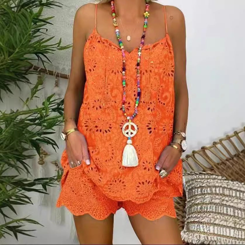 Damen luftiges Sommeroberteil mit Spitze und passenden Shorts Drune