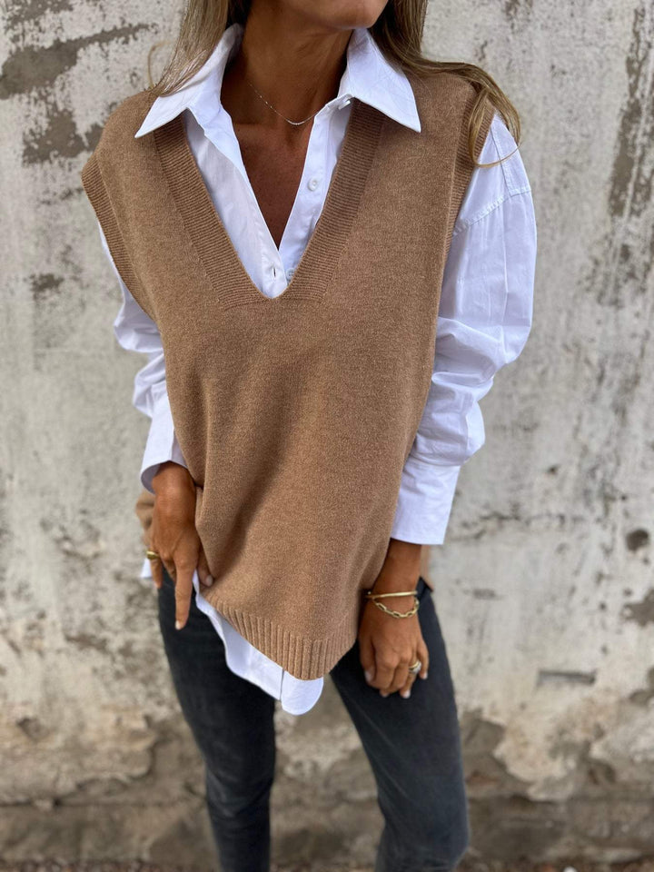 Damen lässiger Strickpullover mit V-Ausschnitt Drune