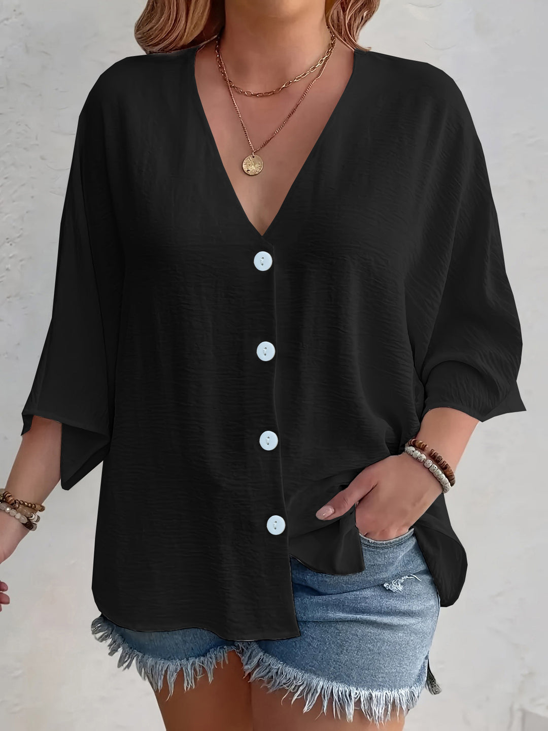 Damen Viskose Oversize-Bluse mit V-Ausschnitt und Knopfdetails Drune