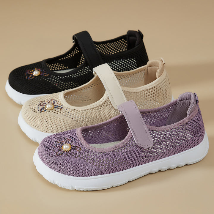 Damen nan gestrickter Mary-Jane-Sneaker mit Klettriemen, atmungsaktivem Strickoberteil, dekorativer Perlenapplikation und dämpfender EVA-Sohle Drune